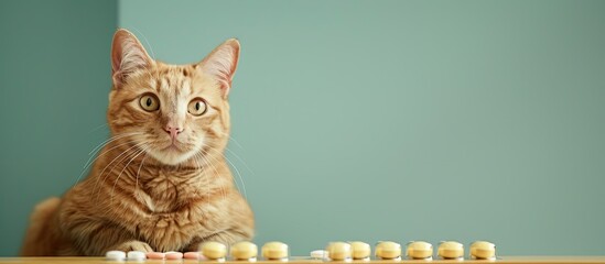 Canvas Print - Indoors a charming ginger cat sits next to a display of vitamin pills with ample space for text in the image