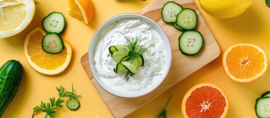 Fototapete - Preparing a Greek cucumber yogurt sauce with a top down view of a bowl of yogurt greenery cucumbers and oranges on a cutting board on a yellow kitchen countertop with space for adding images