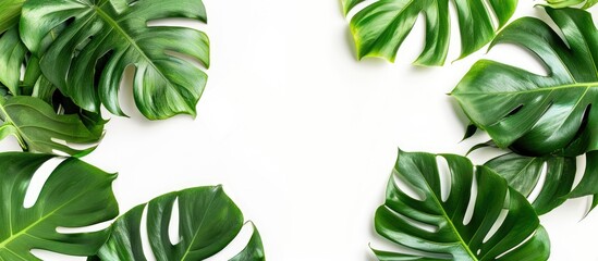 Leinwandbilder - Monstera leaves border a white backdrop providing copy space image