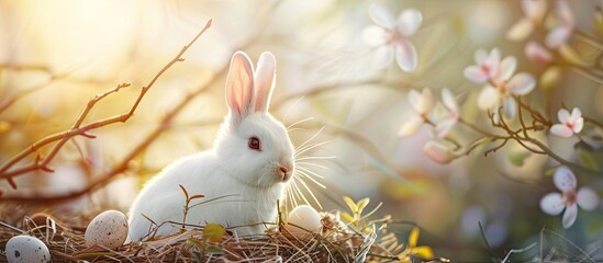 Poster - Vintage Easter background with a cute white bunny in a portrait perfect for copy space image