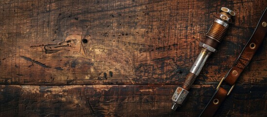 Aufkleber - A hexagon screwdriver on a brown wooden backdrop with a strap in the right corner vignette with a central copy space