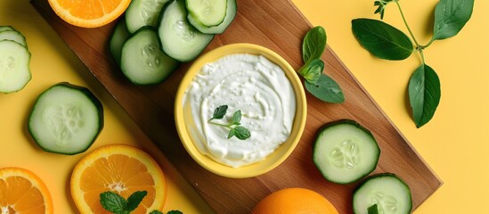Fototapete - Preparing a Greek cucumber yogurt sauce with a top down view of a bowl of yogurt greenery cucumbers and oranges on a cutting board on a yellow kitchen countertop with space for adding images