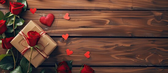 Poster - Valentine themed setup featuring red roses paper hearts and a gift box on wooden background suitable for a copy space image Ideal for conveying love and romance on Valentine s Day