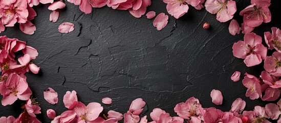 Poster - Pink cherry tree petals on colored cardboard with a floral Valentine s theme on black paper for your text Top view of a beautiful frame with a copy space image
