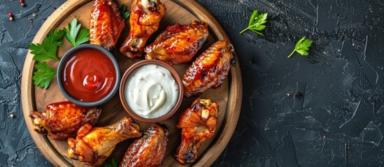 Aufkleber - Hot fried chicken wings served as a snack on a wooden plate with ketchup and mayonnaise in a fast food setting against a dark backdrop with copy space image