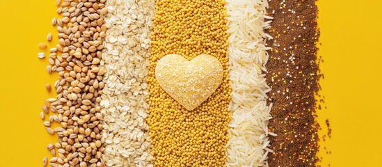 Poster - An overhead view of assorted grains and cereals like bulgur rice oatmeal buckwheat and couscous arranged on a yellow background with a heart icon and space for text. Creative banner. Copyspace image