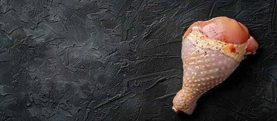 Poster - Raw chicken leg thigh fillet seasoned for cooking displayed on a black background from above with space for text or images. Creative banner. Copyspace image