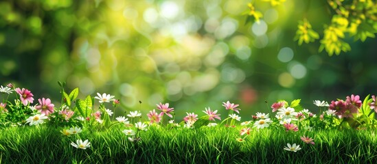 Leinwandbilder - Flowers blooming on the grass complement the backdrop creating a suitable area for a copy space image