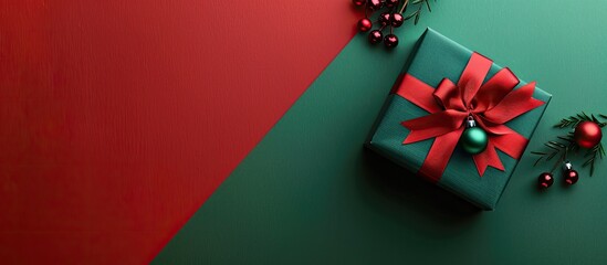 Fototapete - Festive red and green background with a gift box for your design ideal for a happy new year holiday concept featuring copy space image