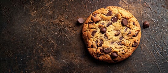 Sticker - A tasty cookie with chocolate chips rests on the table against a background of copy space image