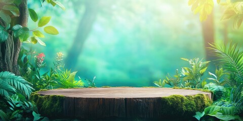 Poster - Wooden Log Platform Surrounded by Lush Greenery in a Forest Setting