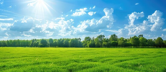 Wall Mural - Scenic view of a lush green field under a picturesque blue sky backdrop ideal for copy space image