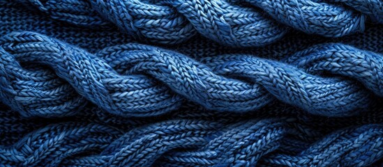 Poster - Horizontal blue indigo knitted wool texture background pattern with selective focus and copy space image in a top view