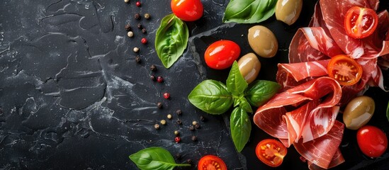 Canvas Print - Jamon with cherry tomatoes basil and olives on a black background in a top view image with selective focus and copy space available