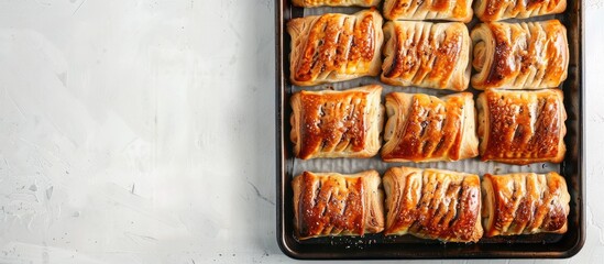 Poster - Sausage rolls arranged on a baking tray on a white table background in a top view photo with space for text or design known as a copy space image