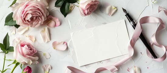 Canvas Print - A mockup featuring a postcard pink roses ink pen ink and ribbon on a white background with copy space image