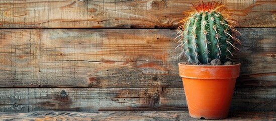 Poster - Round cactus in an orange pot against a wooden wall with a copy space image