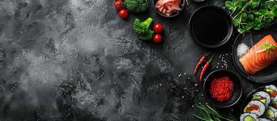 Poster - Preparing sushi with fresh ingredients including raw fish with a blank space for an image. Creative banner. Copyspace image