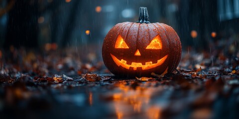 Spooky Halloween Pumpkins Illuminating Eerie Night: Atmospheric 4K Wallpaper for Seasonal Marketing. AI-Generated Creative Background Featuring Jack-o'-Lanterns, Perfect for Holiday Advertising, Festi