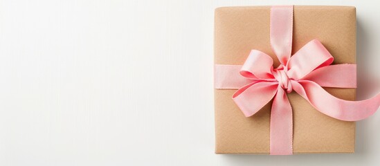 Poster - Gift boxes in Kraft with a pink bow against a white backdrop perfect for adding text or images copy space image