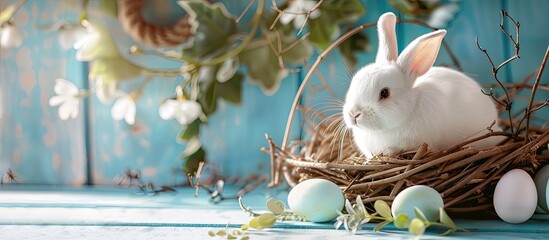 Poster - Vintage Easter background with a cute white bunny in a portrait perfect for copy space image