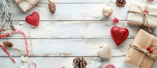 Leinwandbilder - Valentine s Day themed gifts and decorations displayed on a white wooden background with copy space image