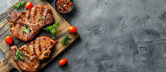Poster - Top view of sliced grilled pork chop or T bone steak on a wooden board set against a gray background with available copy space image