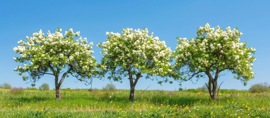 Leinwandbilder - Flowering pear trees with a picturesque blue sky backdrop exhibiting a spring setting showcasing a delightful copy space image
