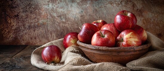 Leinwandbilder - Ripe juicy apples freshly picked and arranged in a clay bowl on sackcloth creating a rustic display with a copy space image