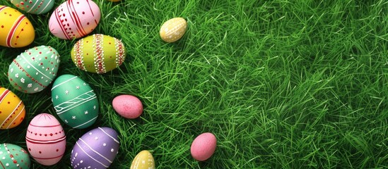 Aufkleber - Easter eggs arranged on green grass with copy space image
