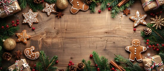 Wall Mural - A festive wooden backdrop adorned with gingerbread cookies presents evergreen branches and ornaments all surrounding a blank area for content known as a copy space image