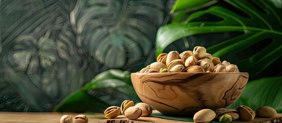 Poster - Wooden bowl filled with salted pistachios on a table with a green banana leaf backdrop allowing for copy space image