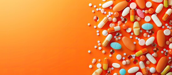 Aufkleber - Variety of pharmaceutical pills and tablets on an orange backdrop with ample space for text creating a vibrant healthcare themed copy space image