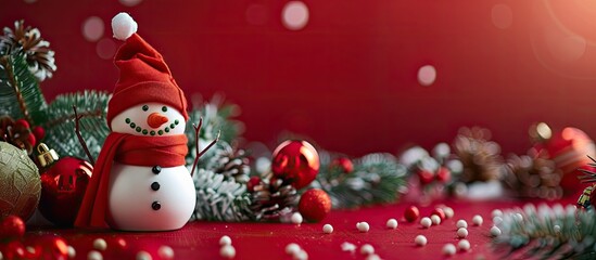 Poster - A snowman stands beside Christmas decorations on a red background with a blank area for text or images perfect for a Christmas card. Creative banner. Copyspace image