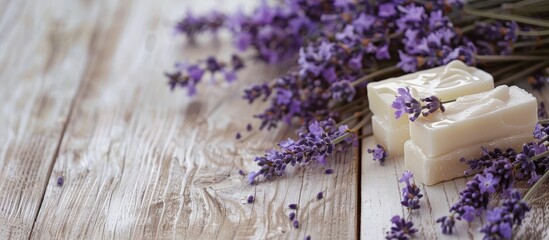 Poster - White wood table with lavender flowers and soap bar creating a serene copy space image