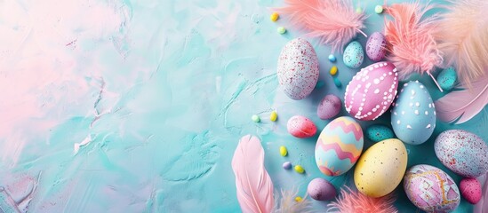 Aufkleber - Happy Easter holidays with a festive arrangement of vibrant Easter eggs feathers and a pastel backdrop in a beautiful copy space image
