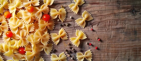 Poster - Farfalle pasta with veggies on wooden surface viewed from above with room for text or image. Creative banner. Copyspace image