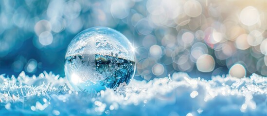 Wall Mural - Selective focus on a bluish emerald snowy background with a Christmas glass ball and icicles perfect for a copy space image