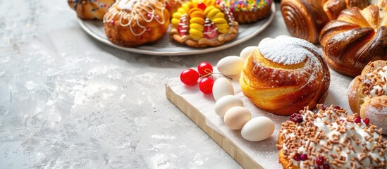 Fototapete - Orthodox Christian Easter themed cake pastries are sweet yeast desserts commonly found as treats or snacks on the table during the Easter holiday with a copy space image for food backgrounds