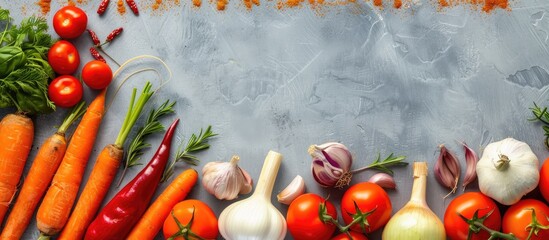 Poster - Top view of various fresh vegetables like carrots tomatoes onions garlic and paprika arranged in a healthy nutrition concept background with copy space image