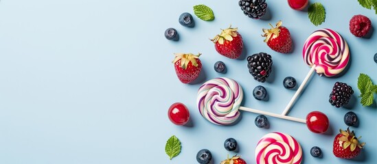 Aufkleber - A flat lay featuring sweet and colorful lollipops adorned with berries placed on a light blue backdrop with copy space image