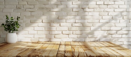 Poster - Copy space image of an empty wooden countertop in a home interior set against a white brick wall