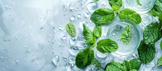 Poster - Fresh green mint leaves with water perfect for a refreshing drink with copy space image