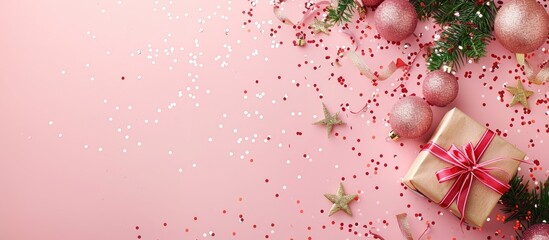 Leinwandbilder - Festive Christmas display featuring ornaments a gift box and star confetti on a soft pink backdrop Ideal for winter holidays Top down view with ample copy space image