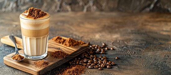 Aufkleber - A latte glass with a spoon rests next to a wooden board displaying Dalgona coffee ingredients like brown sugar instant coffee and milk with a copy space image