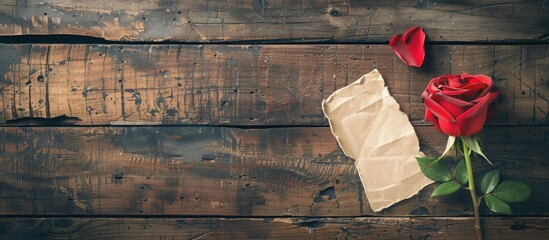 Aufkleber - Love concept for Valentine s Day illustrated with a red rose heart shaped note on wood background ideal for a copy space image