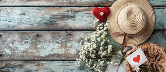 Wall Mural - Wooden background with a woman s hat basket of flowers heart and romantic card all set up elegantly with copy space image