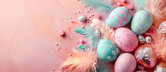 Sticker - Happy Easter holidays with a festive arrangement of vibrant Easter eggs feathers and a pastel backdrop in a beautiful copy space image