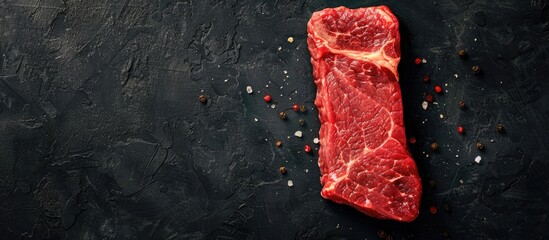 Poster - Top view of raw striploin steak or New York strip loin on black background with copy space image