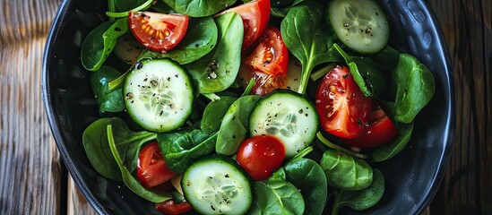 Poster - Plate with a vegetarian salad containing cucumber tomato and spinach displayed as a copy space image